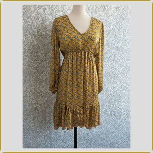 Yellow Floral Long Sleeve Ruffle Hem Mini Dress Size M